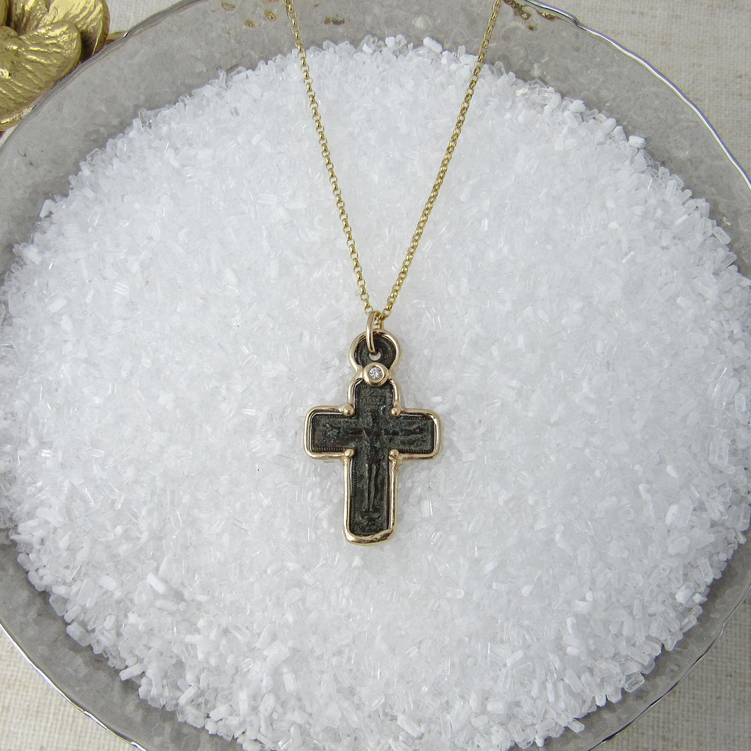 Bronze Crucifix Set in Gold w/ Diamond