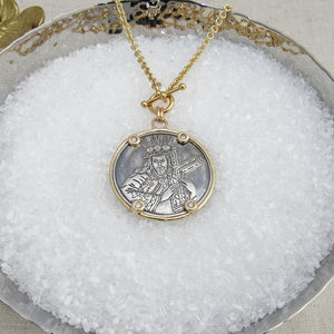Silver Medal "Jesús Crucis" set in Gold w/ Diamonds