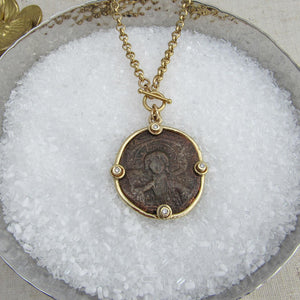 Copper Follis set in Gold with Diamonds
